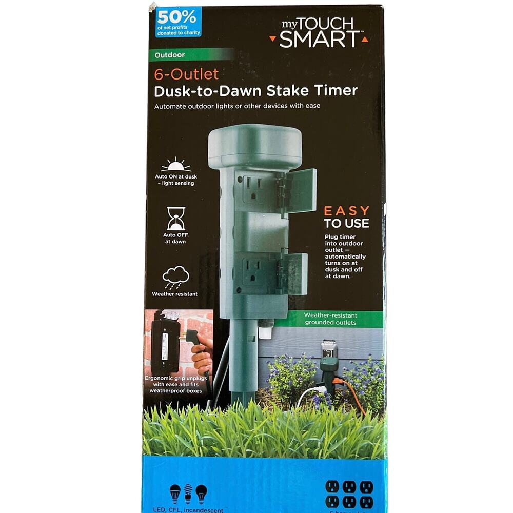 Outdoor Power Stake Timer 6 Outlet Green Weather Resistant Automate Lighting